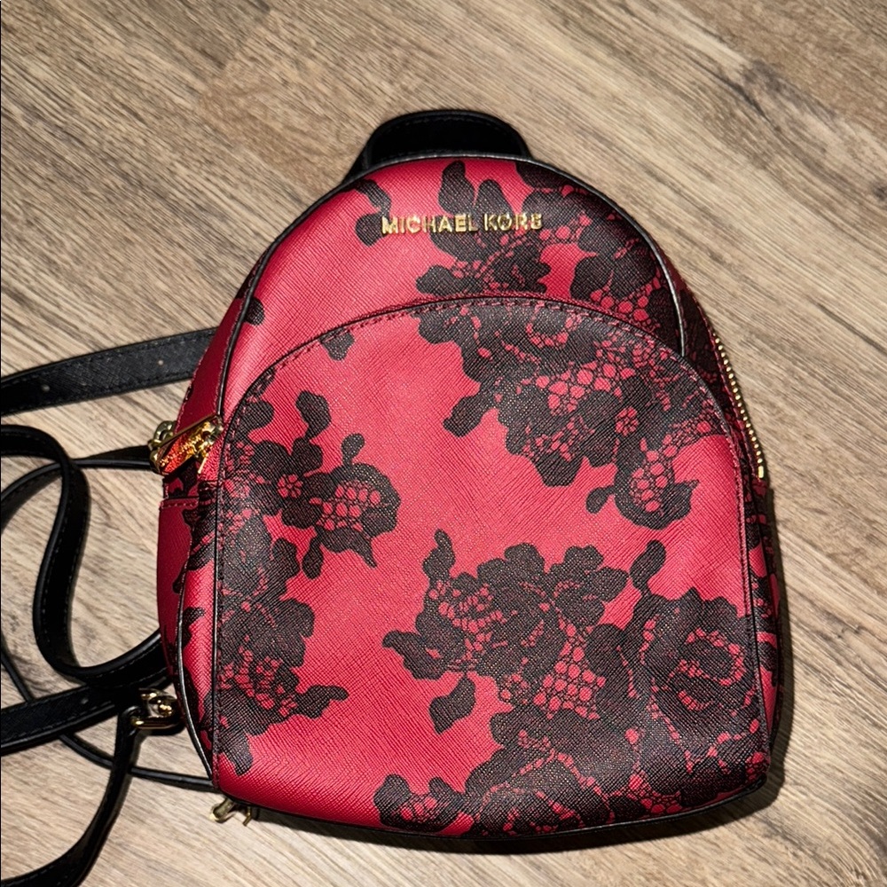 Michael Kors Red and Black Floral Backpack